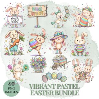 Vibrant Pastel Easter Clipart Set | Quirky Spring Rabbits, Eggs, Baskets & Elements