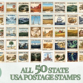 50 State USA Postage Stamps PNG | Complete Collection Printable Digital Download