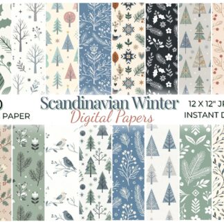 Scandinavian Winter Digital Paper Set, Nordic Folk Seamless Patterns, Minimal Botanical Winter Papers