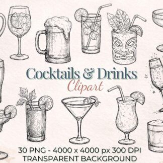 Cocktail Clipart Bundle, Sketch Drink Illustrations, Bar Sign Art (PNG Digital Download